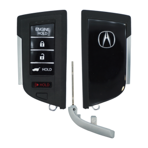 11969U-SF-Main - SFFobs Inc. Car key fob with multiple remote buttons (lock, unlock, trunk, hold) and a separate metal key blade paired with a curved metal support piece