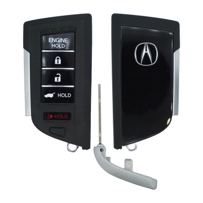 Car key fob with multiple remote buttons (lock, unlock, trunk, hold) and a separate metal key blade paired with a curved metal support piece