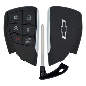 11970U-SF-Main - SFFobs Inc. Split view of a Chevrolet key fob with remote buttons for lock, unlock, trunk release, and panic next to a metal key blade.