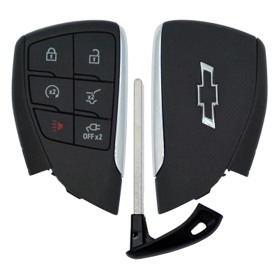 Split view of a Chevrolet key fob with remote buttons for lock, unlock, trunk release, and panic next to a metal key blade.