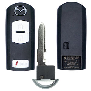 11977 - SFFobs Inc. Mazda car key fob with two white buttons (lock and unlock) and a hold/panic button, plus the detached metal key blade seen beside it