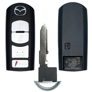 11978 - SFFobs Inc. Car key fob set with Mazda emblem, showing lock, unlock, hold, and alarm buttons plus a metal key blade and a back housing plate.