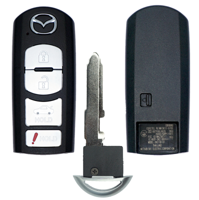 Car key fob set with Mazda emblem, showing lock, unlock, hold, and alarm buttons plus a metal key blade and a back housing plate.
