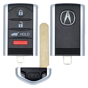 11979U - SFFobs Inc. Two car key fobs with a metal key blade between them; left fob shows lock, unlock, hold, and panic buttons, right fob features the Acura logo on a black panel.