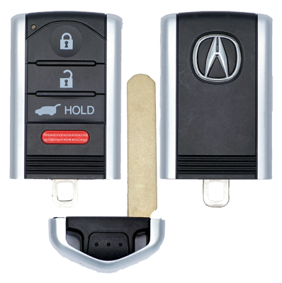 Two car key fobs with a metal key blade between them; left fob shows lock, unlock, hold, and panic buttons, right fob features the Acura logo on a black panel.