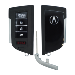 11980U - SFFobs Inc. Pair of car key fobs: left remote with engine hold, lock, unlock, and trunk buttons; right fob shell with logo; metal blade and curved latch visible.