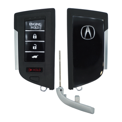 Pair of car key fobs: left remote with engine hold, lock, unlock, and trunk buttons; right fob shell with logo; metal blade and curved latch visible.