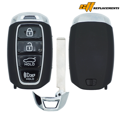 Car key fob with four buttons (lock, unlock, trunk/hold, alarm hold) and a metal key blade shown separately next to a black fob shell with logo in corner