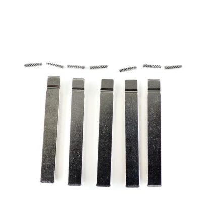 Five black rectangular metal bars standing upright in a row on a white background, with small coiled springs positioned above each bar.