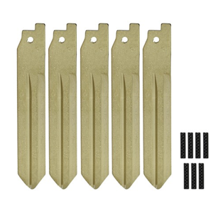 Six brass keys with notches, arranged side by side, with a cluster of small black strips to the right.