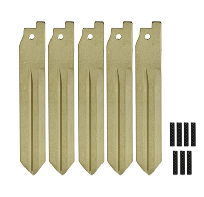 Six brass keys with notches, arranged side by side, with a cluster of small black strips to the right.