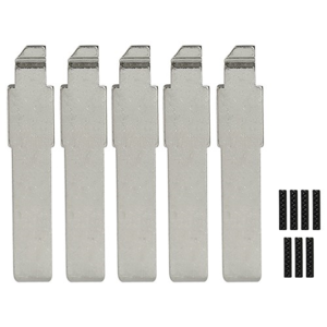 Five vertical silver metal components with notched tops, arranged in a row, with small black rectangular pieces grouped to the right.
