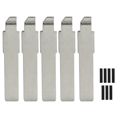 Five vertical silver metal components with notched tops, arranged in a row, with small black rectangular pieces grouped to the right.