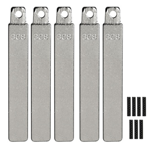 Five silver metal connector blades with circular mounting holes at the top, aligned in a row; small black spacer strips to the right.