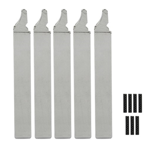 Five disposable razor blades (tall silver strips) with small spare blades to the right side.
