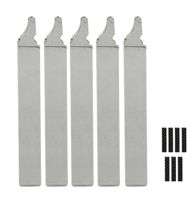 Five disposable razor blades (tall silver strips) with small spare blades to the right side.