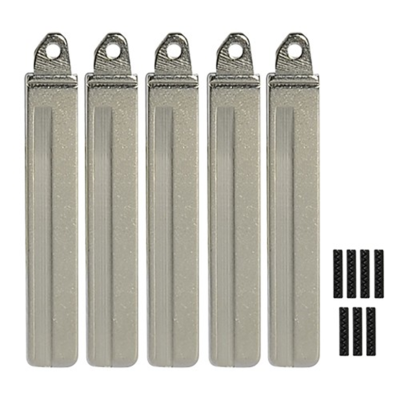 Five elongated silver metal hardware pieces with mounting tabs and circular holes at the top, lined up in a row, with several small black plastic ties to the right.