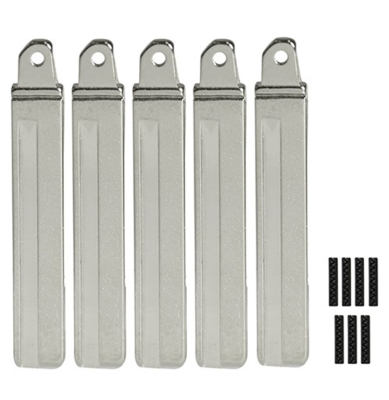 Five vertical silver metal plates with rounded holes at the top, arranged in a row; small black fasteners on the right.