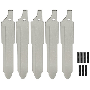 Five identical flat metal prying tools with rounded bottom tips, arranged in a row; each has a small hole near the top for hanging, with eight small black pieces on the right side that resemble clips or spacers of similar texture at the same scale.