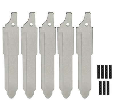 Five identical flat metal prying tools with rounded bottom tips, arranged in a row; each has a small hole near the top for hanging, with eight small black pieces on the right side that resemble clips or spacers of similar texture at the same scale.
