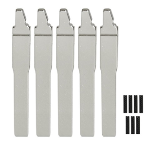 Five silver, blade-like metal tools lined up in a row with small black pieces to the right.