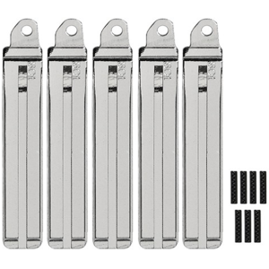 Five polished metal sliding bolt latches with mounting loops, lined up in a row, plus small black screws to the right.