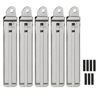 Five polished metal sliding bolt latches with mounting loops, lined up in a row, plus small black screws to the right.