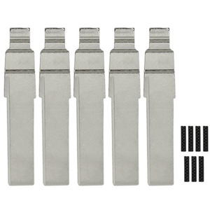 Five tall silver metal blades with notched tops, lined up side by side, with several small black rectangular strips to the right.