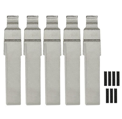 Five tall silver metal blades with notched tops, lined up side by side, with several small black rectangular strips to the right.