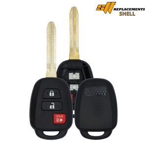 3-Button-Toyota - SFFobs Inc. Pair of car key fobs with black plastic shells and exposed internals, showing replacement shell kit branding in corner.