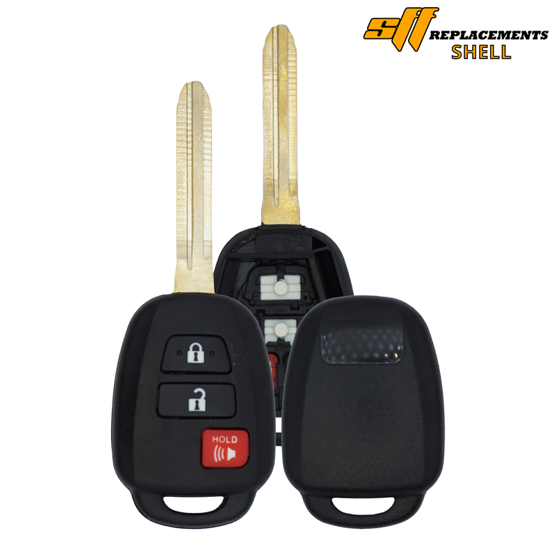 3-Button-Toyota - SFFobs Inc. Pair of car key fobs with black plastic shells and exposed internals, showing replacement shell kit branding in corner.