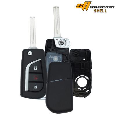 Disassembled car key fob: two fobs with metal blades, one open shell exposing internal mechanism, branded SIF Replacements Shell in the corner.