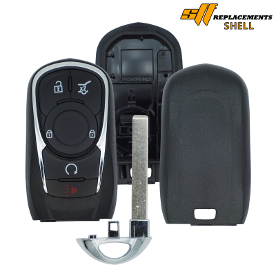 Car key fob with a removable metal blade, front panel showing lock, unlock, and trunk buttons, and the back shell beside it.