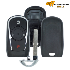 30283 - SFFobs Inc. Disassembled car key fob: front housing with buttons, metal key blade removed, back shell on the right.