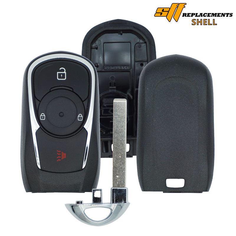 30283 - SFFobs Inc. Disassembled car key fob: front housing with buttons, metal key blade removed, back shell on the right.