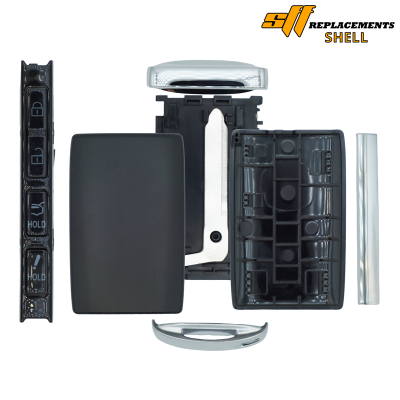 Exploded view of a car key fob replacement shell kit with buttons, housing, and trims.