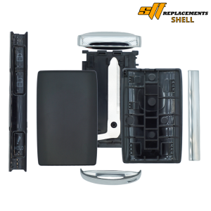 30286 - SFFobs Inc. Disassembled car door handle replacement kit with exterior and interior housings, mounting frames, and hardware arranged on white background; SIF Replacements Shell logo in the top-right corner.