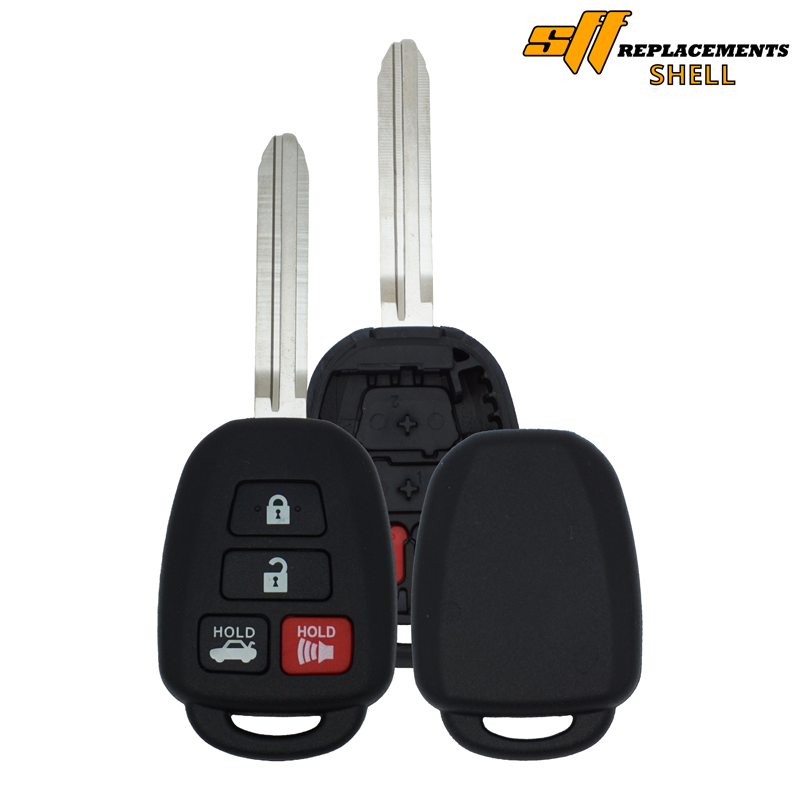 4-btn-toyota-shell - SFFobs Inc. Car key fob with two metal keys and a remote displaying lock, unlock, and trunk/hold buttons.