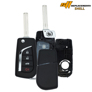 4btn-toyota-flip-shell - SFFobs Inc. Disassembled car key fob with inner mechanism and replacement shells; SI Replacements Shell logo visible in corner