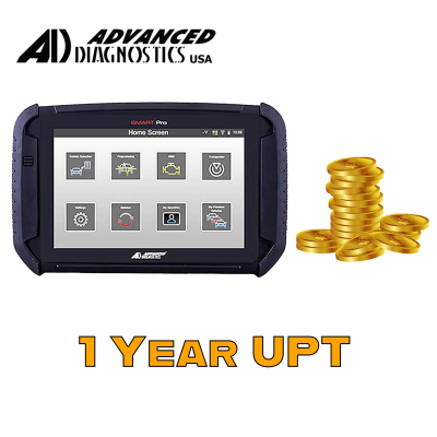 Rugged handheld diagnostic tablet beside a stack of gold coins, with '1 YEAR UPT' text and Advanced Diagnostics USA logo.