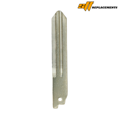 Metal key blade with vertical grooves along one edge, photographed on a white background; has a small hole near the bottom.