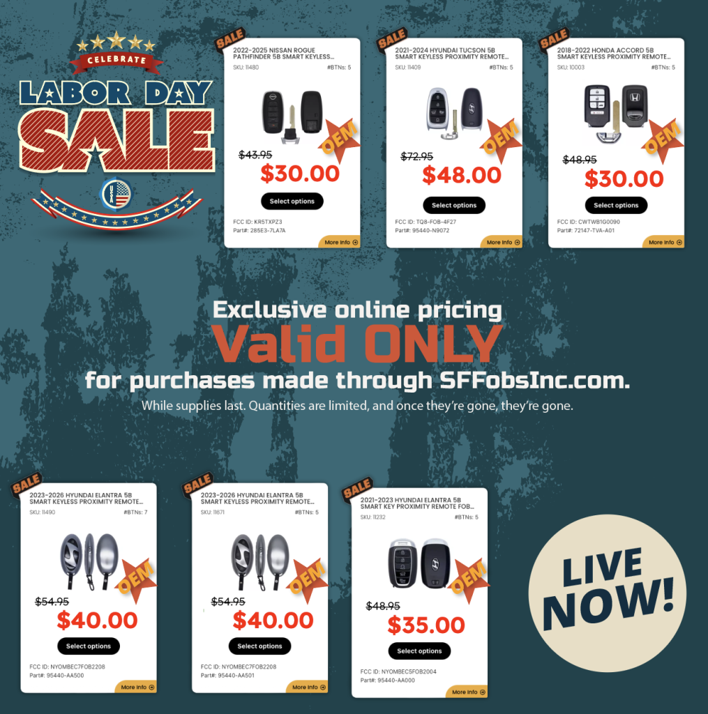 Promotional Labor Day sale banner with three car key fob deals labeled OEM and a bold 'LIVE NOW' circle.