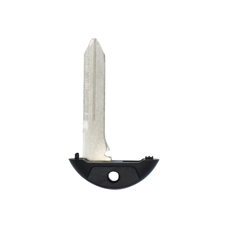 New-Fobik-Blade - SFFobs Inc. Metal car key blade attached to a black plastic fob with a round keyring hole, shown vertically.