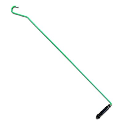 Green insulated electrical test lead with a curved hook tip and a black handle.