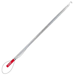 Long stainless steel surgical retractor with a curved, looped end and red tag on the handle for tissue separation during operations.