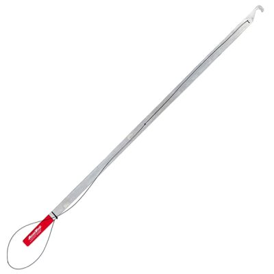 Long stainless steel surgical retractor with a curved, looped end and red tag on the handle for tissue separation during operations.