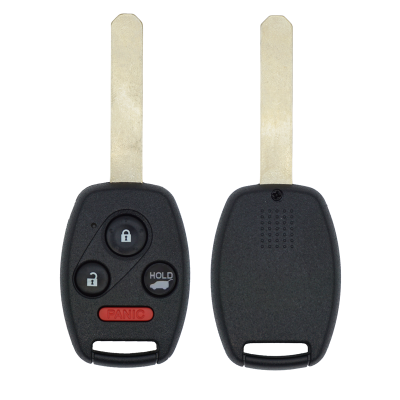 Front and back view of a black car key fob with a metal blade; buttons include lock, unlock, trunk hold, and red PANIC button.