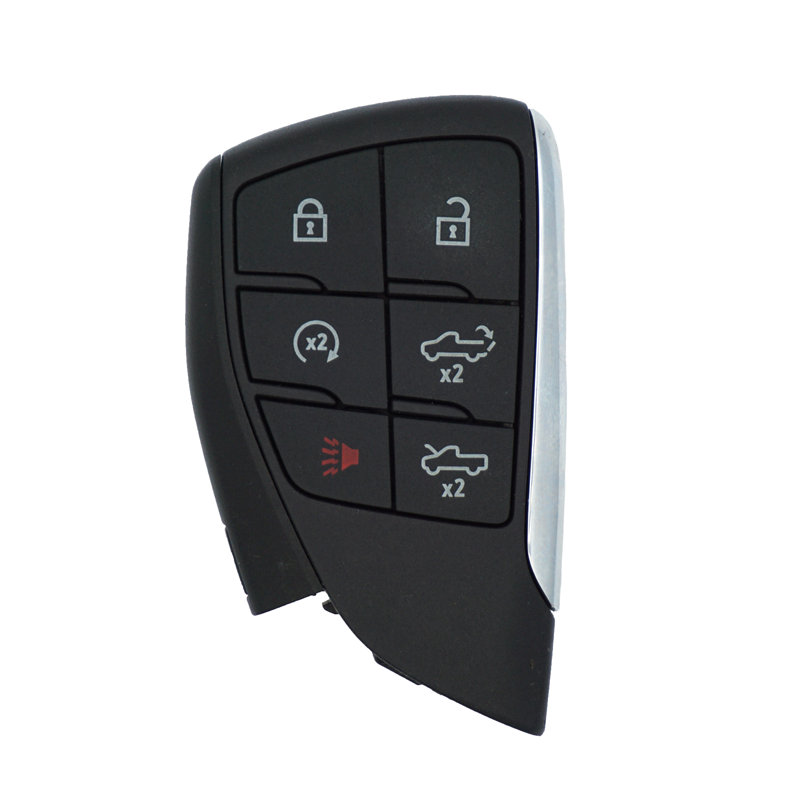 11988U-1 - SFFobs Inc. Close-up of a black car key fob with six buttons: lock, unlock, trunk release, panic, and two 'car' icons labeled x2