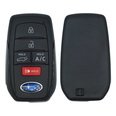 Subaru car key fob with lock, unlock, trunk, A/C, and panic buttons (front) and the back cover shown separately