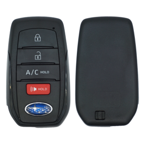 Car key fob with lock, unlock, A/C hold, and red HOLD button; Buick emblem at bottom, alongside its back cover on the right.
